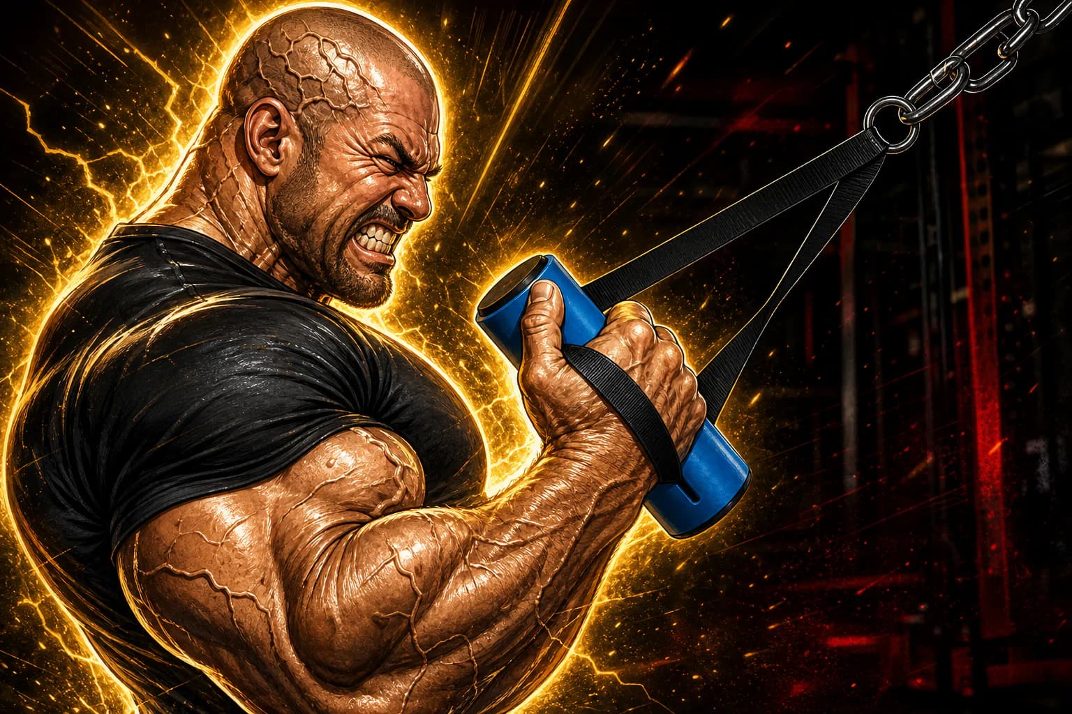 Comic illustration of an arm wrestler training cup strength with a handle