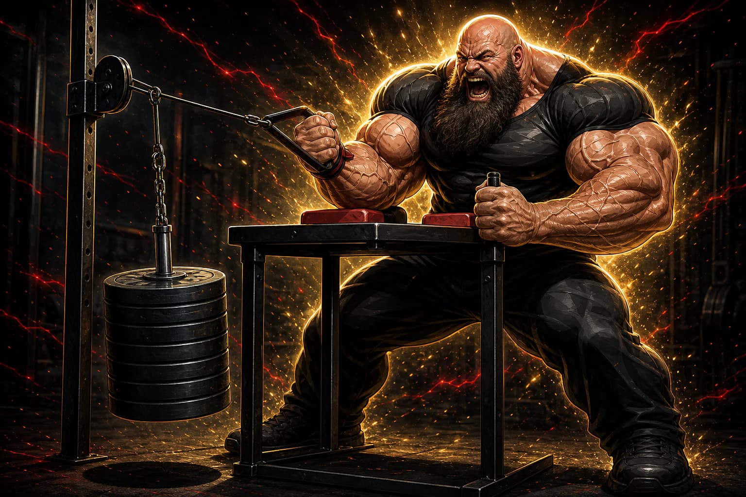 Comic illustration of an athlete training on an arm wrestling table with suspended weights